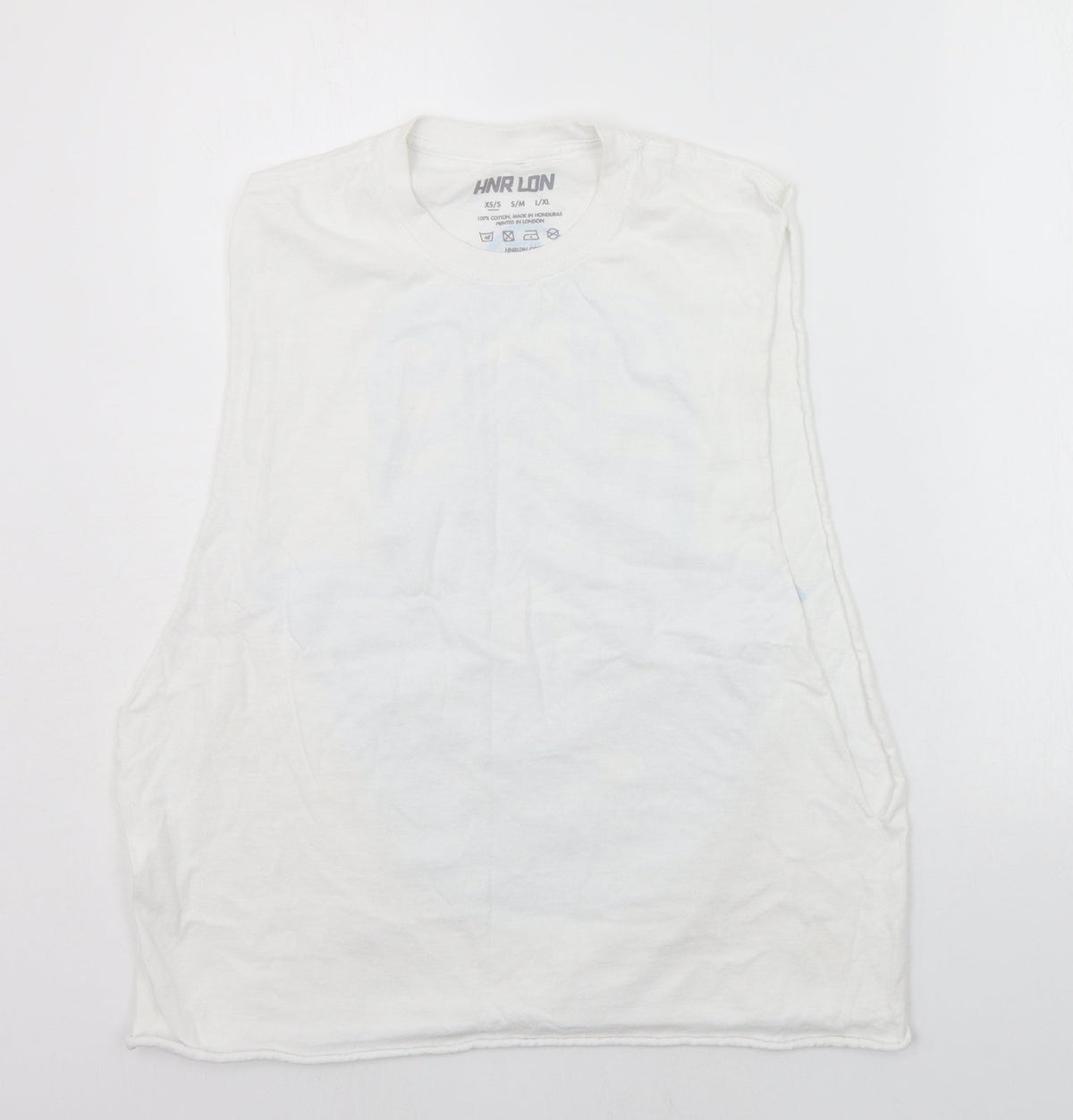 Front view of hnr lon women’s white basic tank, size XS
