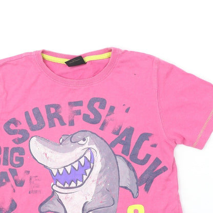Close-up detail of Next girls’ pink basic t-shirt, size 7, years - shark