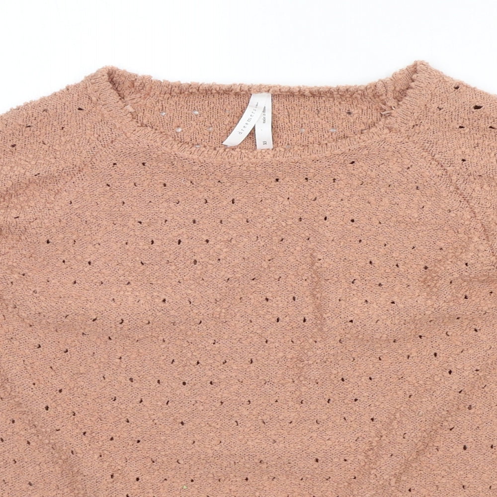 Close-up detail of Dreamers women’s orange jumper, size XS