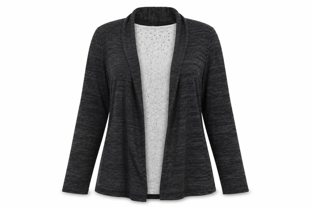 Front view of TIGI women’s grey cardigan jumper, size UK 14, - jewl detail