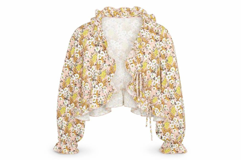 Front view of SHEIN women’s beige floral cardigan jumper, size L