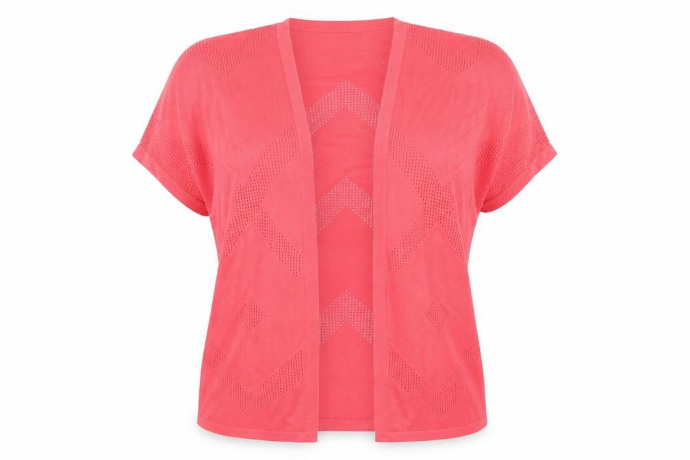 Front view of Love yours women’s red cardigan jumper, size UK 16