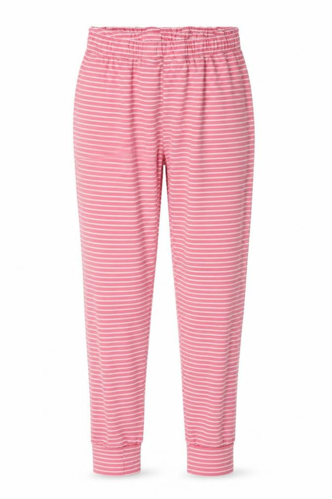 Front view of Matalan women’s pink striped trousers, size UK 12, 25-inch leg