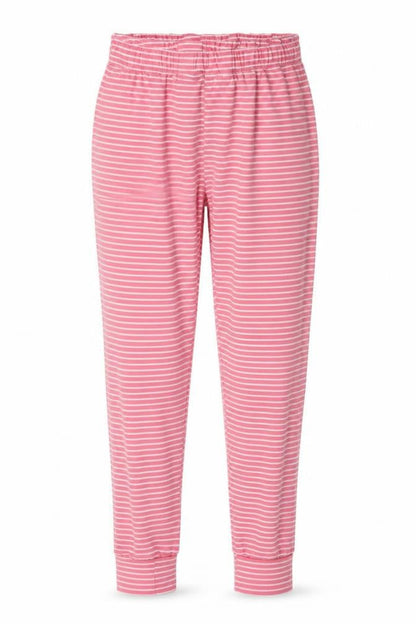 Front view of Matalan women’s pink striped trousers, size UK 12, 25-inch leg