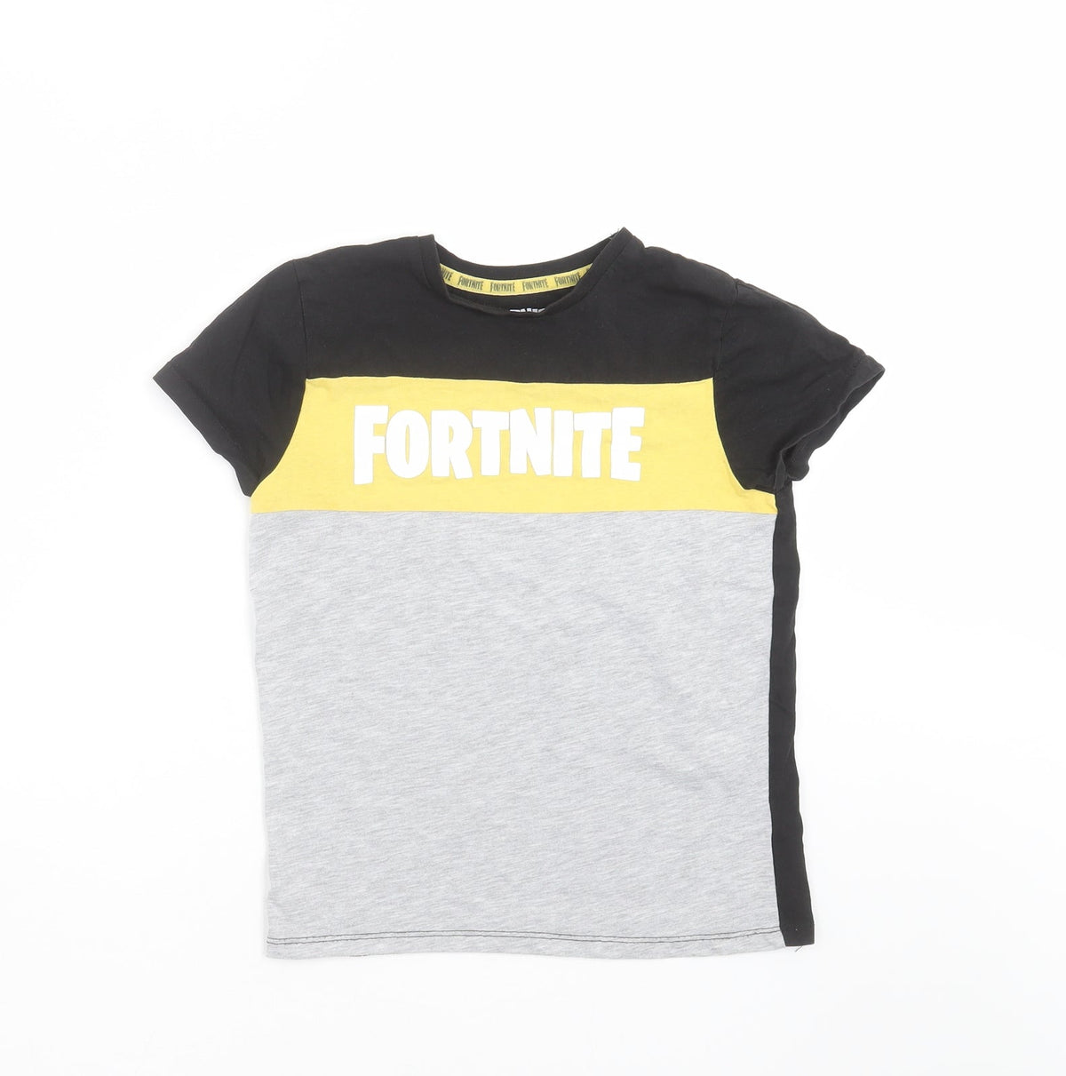 Front view of Primark boys’ black basic t-shirt, size S, - fortnite