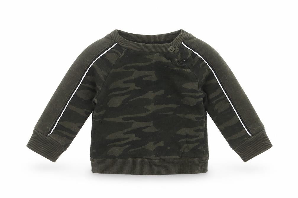 Front view of Primark Baby Green Camouflage jumper, size 3-6, Months - sweatshirt