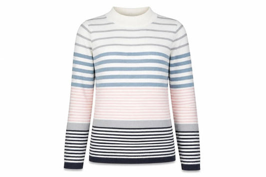 Front view of Marks & Spencer women’s white striped jumper, size UK 12