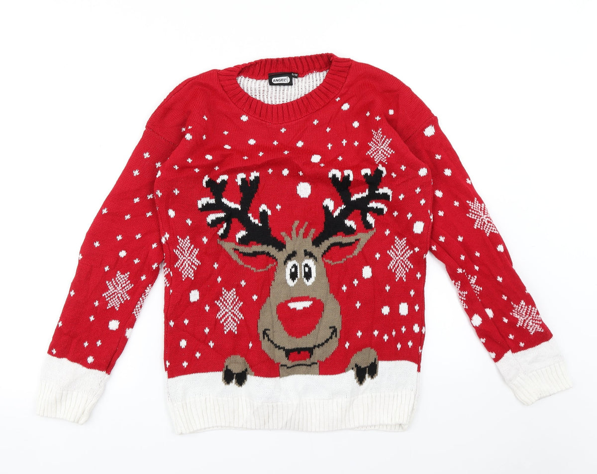 Additional front view of Angel women’s red jumper, size S, - reindeer