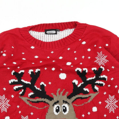 Close-up detail of Angel women’s red jumper, size S, - reindeer