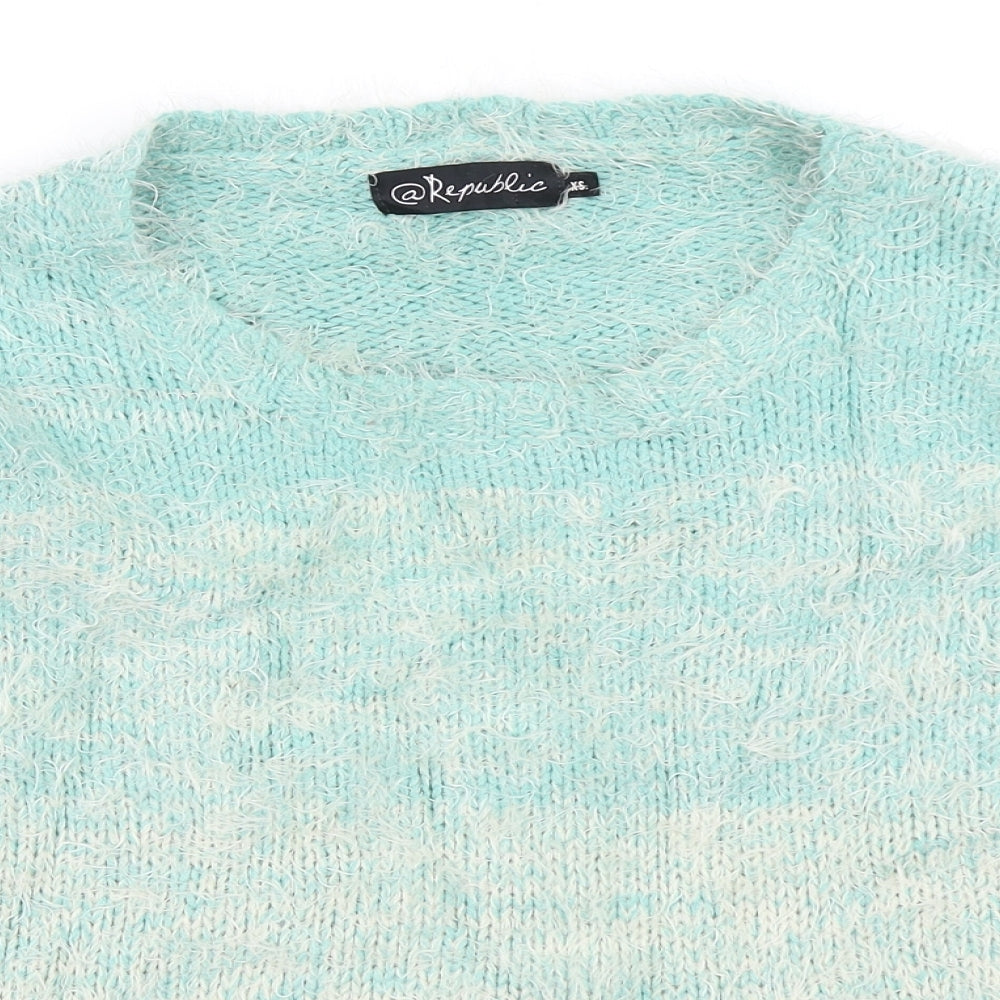 Close-up detail of @Republic women’s blue jumper, size XS