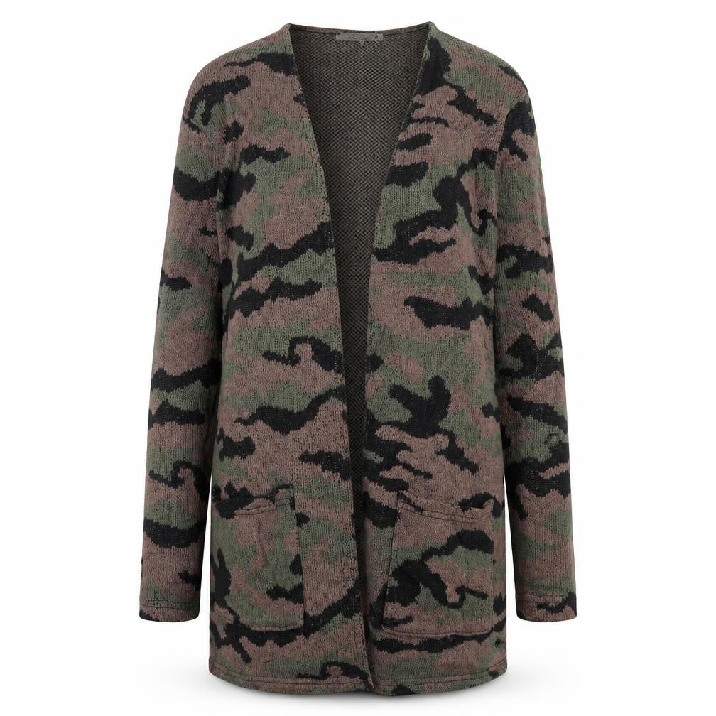 Front view of Hobi girls’ green camouflage shrug jumper, size L