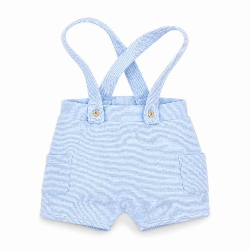 Front view of Nutmeg boys’ blue striped dungaree one-piece, size 3-6, months