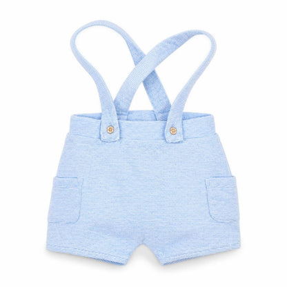 Front view of Nutmeg boys’ blue striped dungaree one-piece, size 3-6, months