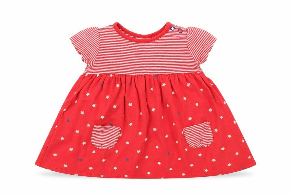 Front view of Mini Club girls’ red striped a-line, size 3-6, months
