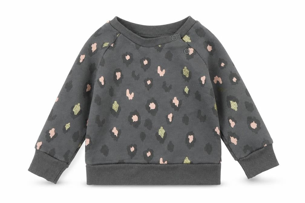 Front view of Primark girls’ grey animal print jumper, size 3-6, months - leopard print