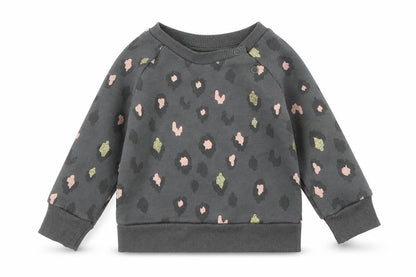 Front view of Primark girls’ grey animal print jumper, size 3-6, months - leopard print