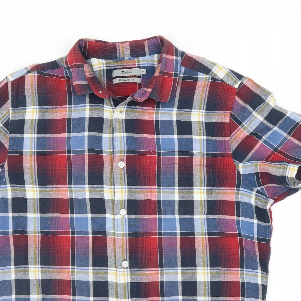 TU Mens Red Plaid   Button-Up Size M