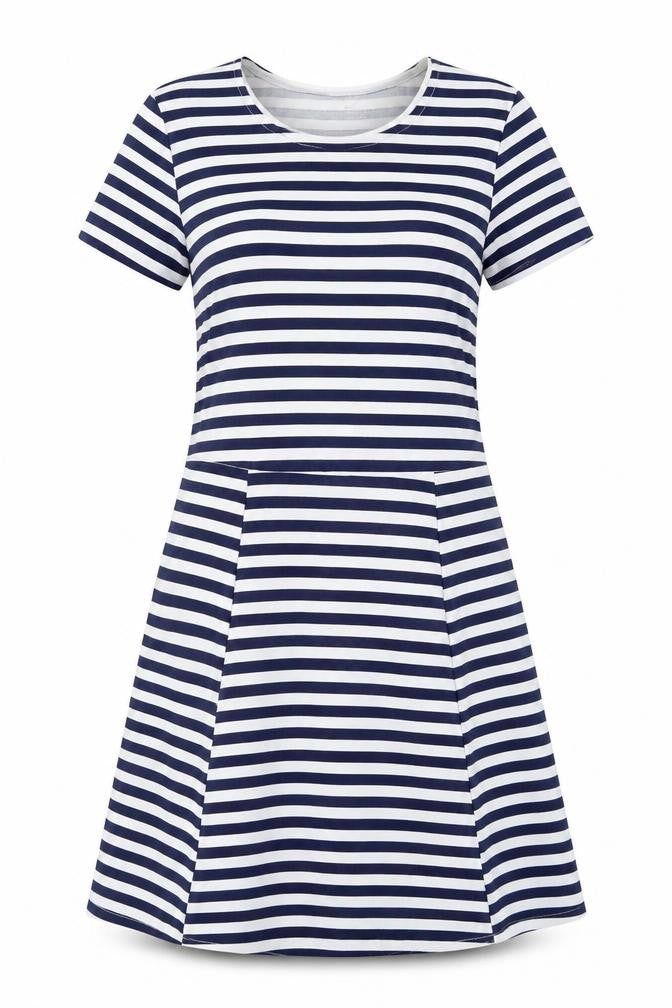 Front view of women’s blue striped t-shirt dress, size UK 8