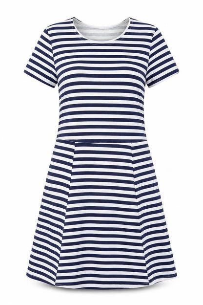 Front view of women’s blue striped t-shirt dress, size UK 8