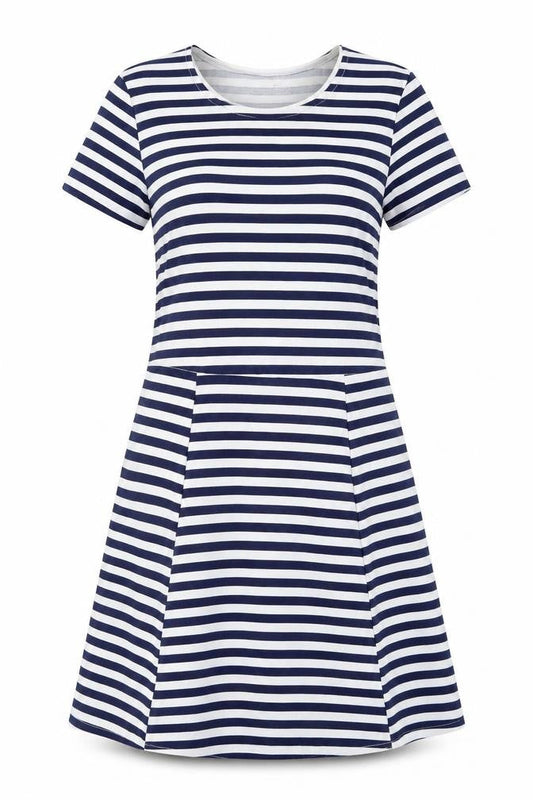 Front view of women’s blue striped t-shirt dress, size UK 8