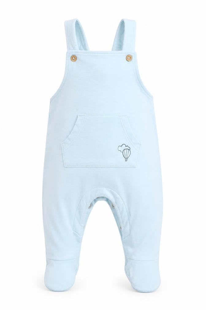 Front view of Marks & Spencer boys’ blue dungaree one-piece, size 0-3, months