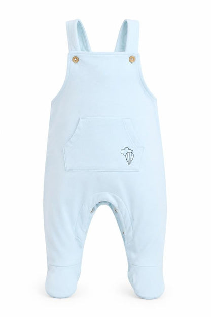 Front view of Marks & Spencer boys’ blue dungaree one-piece, size 0-3, months