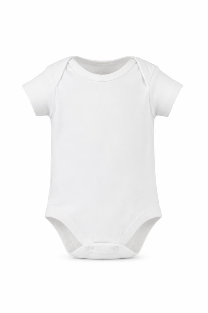 Front view of M&Co Baby White Babygrow One-Piece, size 0-3, Months