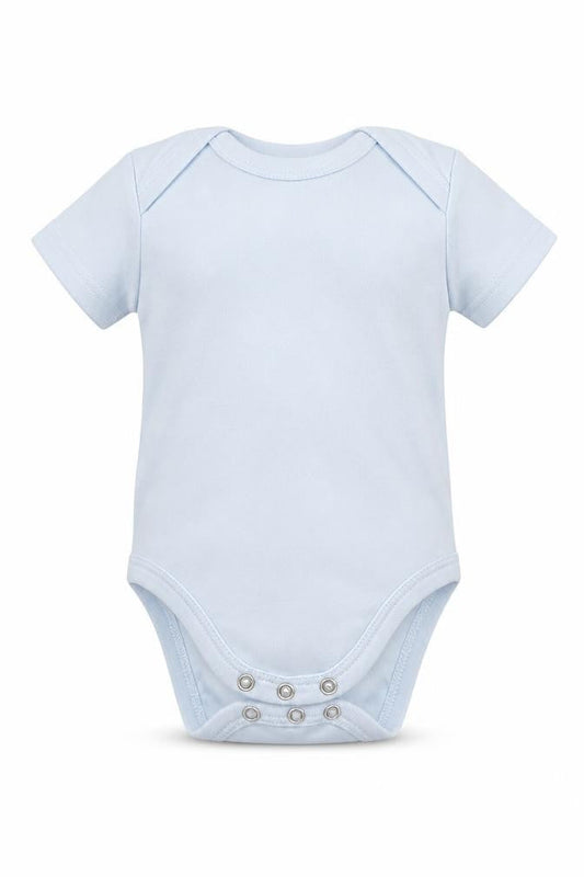 Front view of Pep&Co boys’ blue babygrow one-piece, size 0-3, months