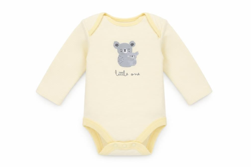 Front view of Mini Club Baby Yellow Striped Babygrow One-Piece, size 0-3, Months
