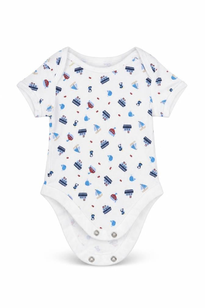 Front view of George boys’ white geometric babygrow one-piece size newborn