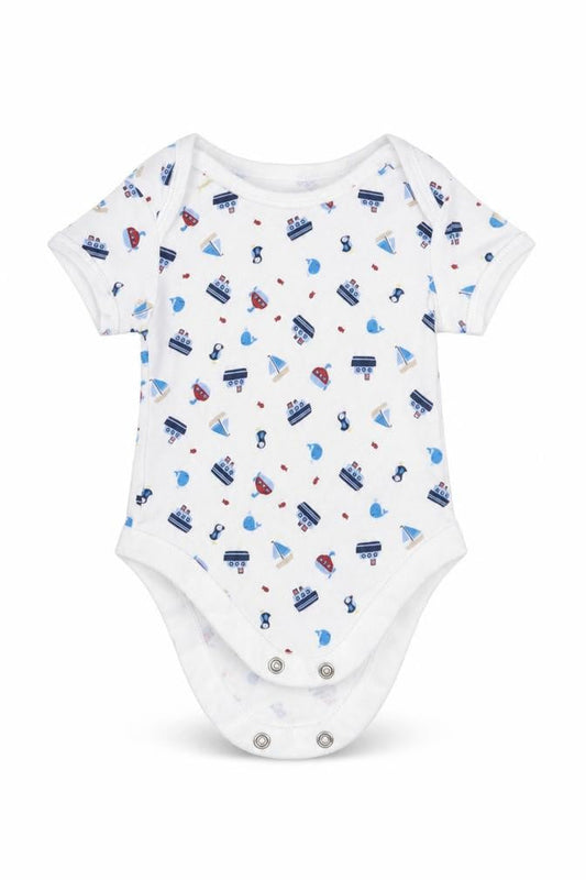 Front view of George boys’ white geometric babygrow one-piece size newborn