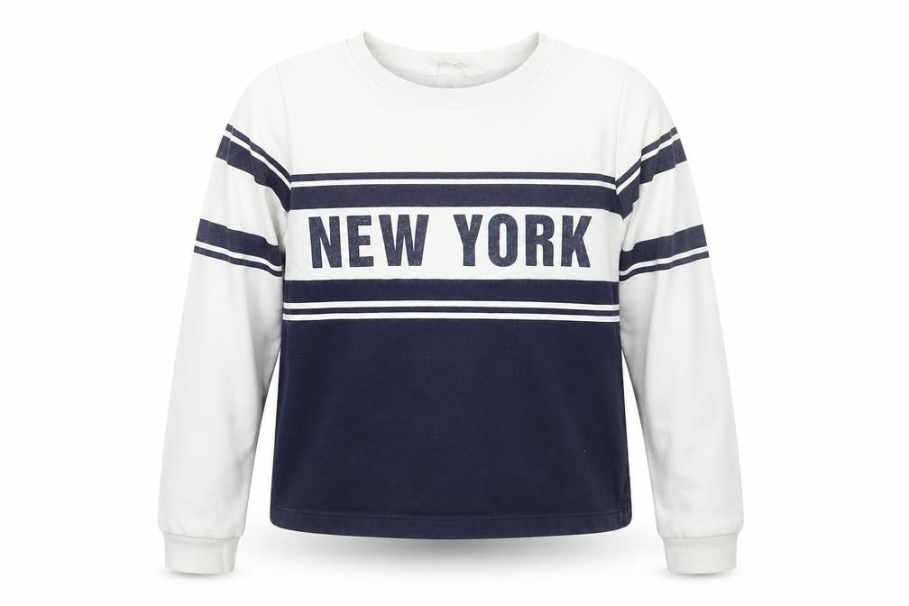 Front view of H&M girls’ white striped jumper, size 11, years