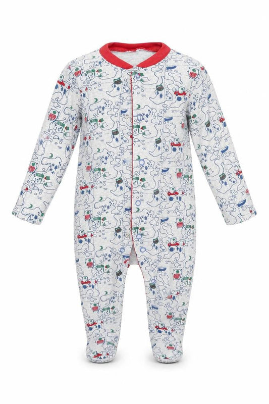 Front view of Tu Baby Grey Geometric Babygrow One-Piece, size 3-6, Months