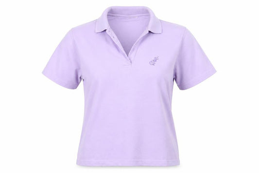 Front view of Preworn women’s purple floral basic polo, size S
