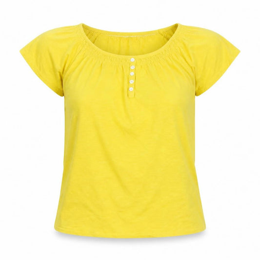 Front view of Isle women’s yellow basic t-shirt, size S
