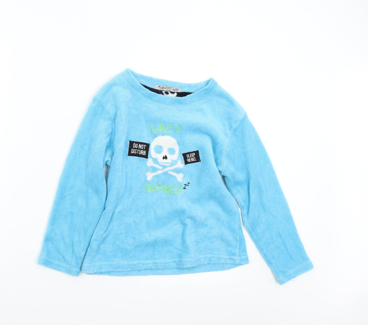 Chill Out Boys Blue Solid Fleece  Pyjama Top Size 8-9 Years  - Lazy Bonez Skull