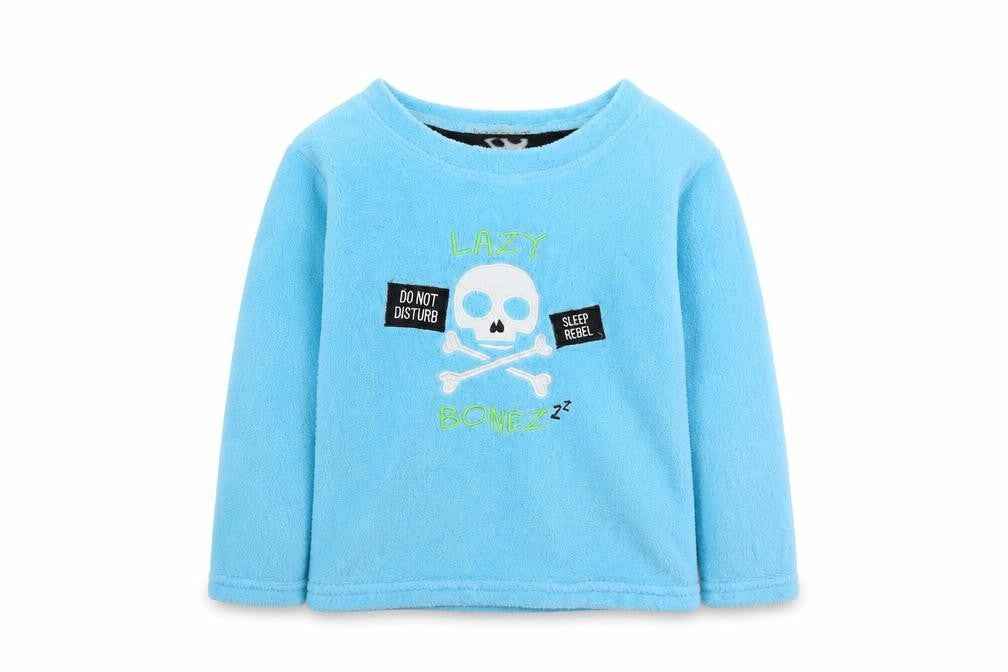Front view of Chill Out boys’ blue solid fleece pyjama top, size 8-9, years - lazy bonez skull