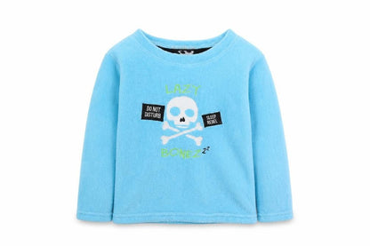 Front view of Chill Out boys’ blue solid fleece pyjama top, size 8-9, years - lazy bonez skull