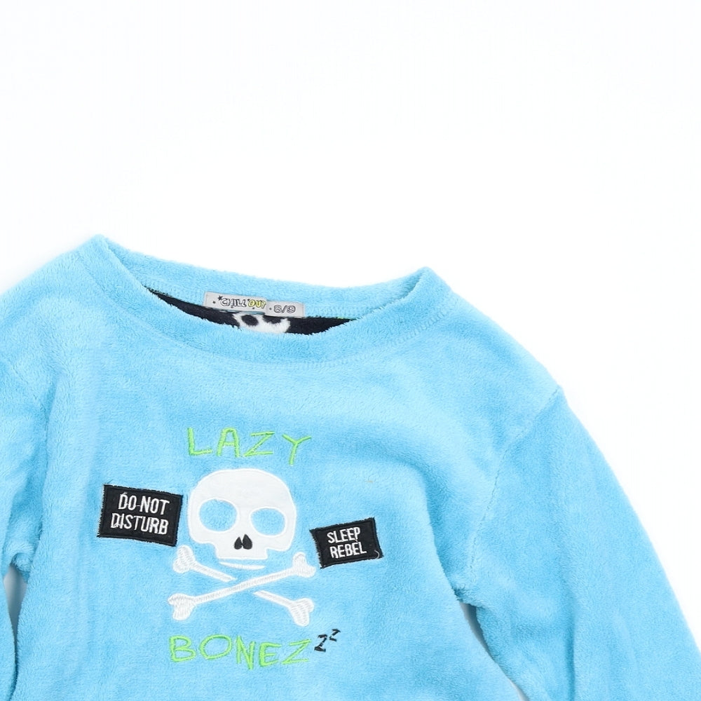 Chill Out Boys Blue Solid Fleece  Pyjama Top Size 8-9 Years  - Lazy Bonez Skull