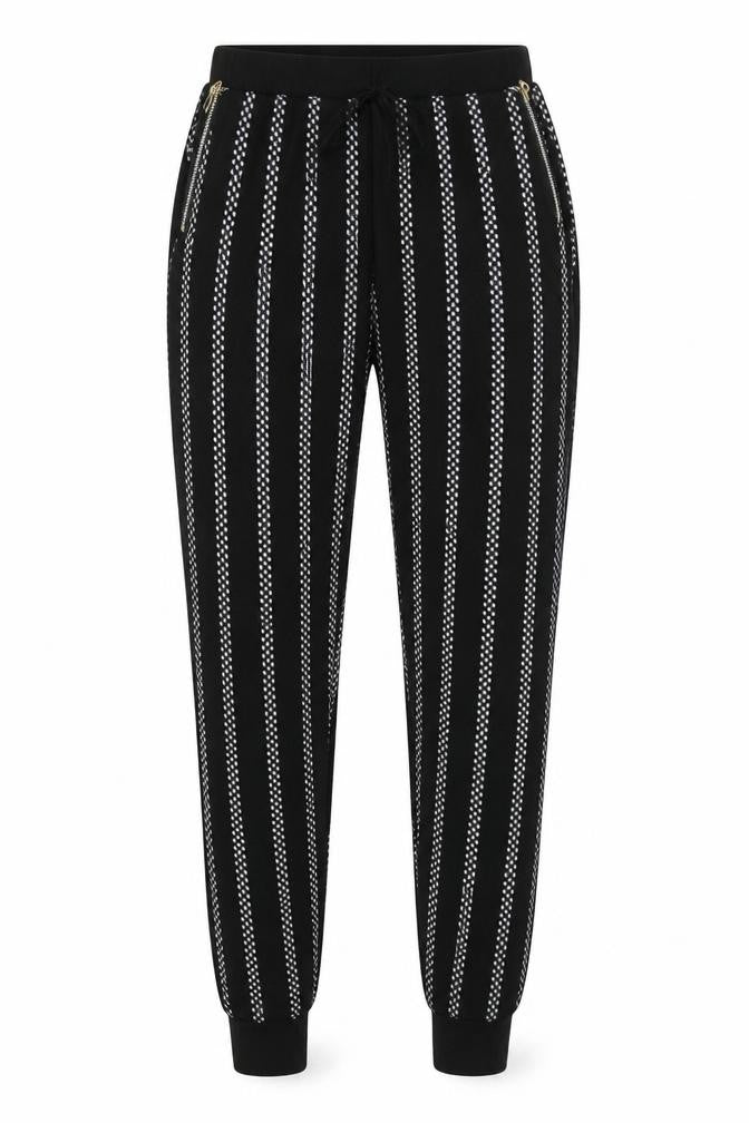 Front view of Preworn women’s black striped sweatpants, size S, 26-inch leg