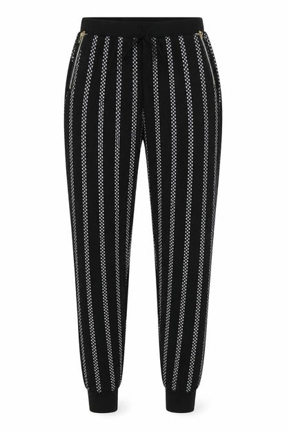 Front view of Preworn women’s black striped sweatpants, size S, 26-inch leg