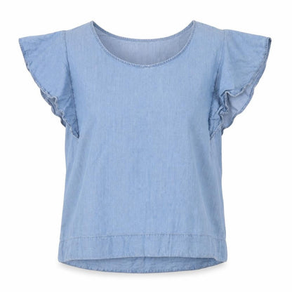 Front view of TRW&CO women’s blue basic blouse, size M