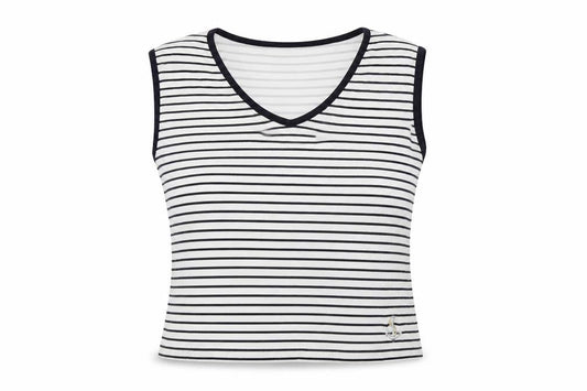 Front view of Club St Honore women’s white striped basic tank, size L