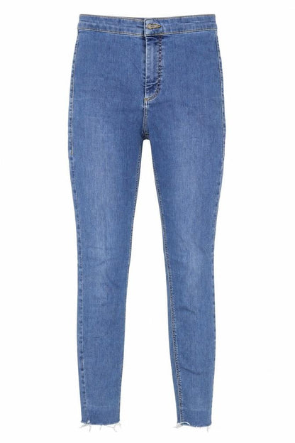 Front view of Topshop women’s blue skinny jeans, size UK 28, in, 32-inch leg