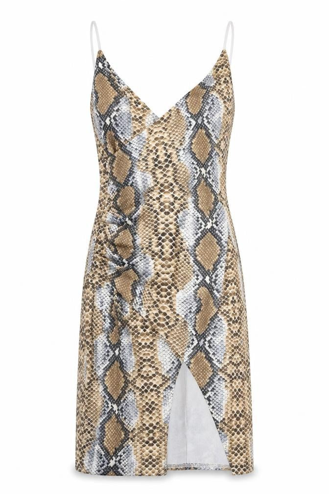 Front view of Boohoo women’s beige animal print wrap dress, size UK 10