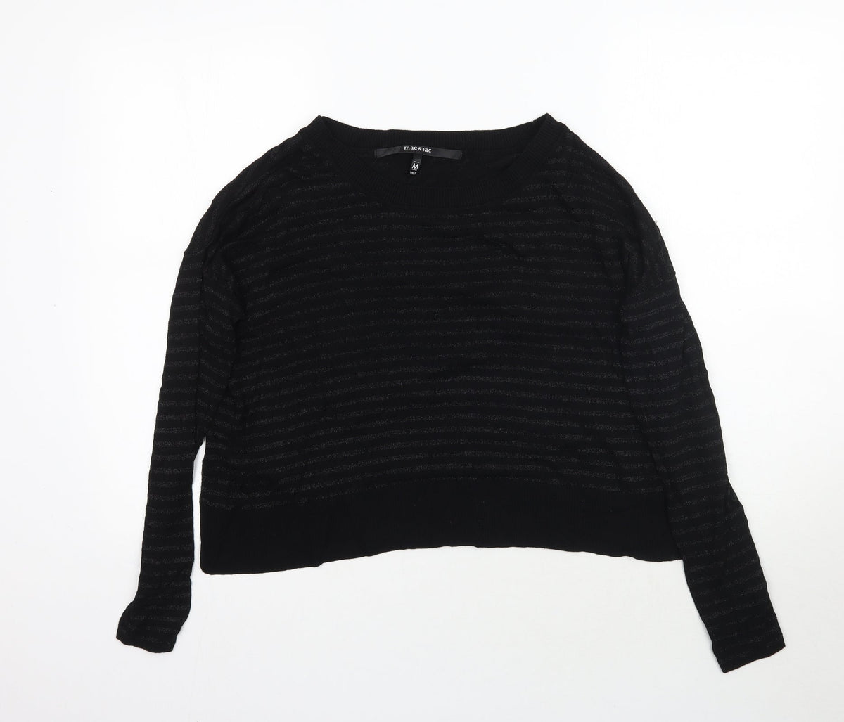 Additional front view of Mac & Jac women’s black striped basic t-shirt, size M