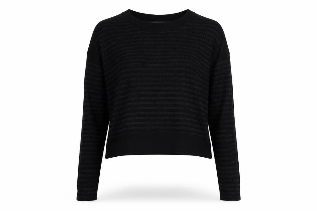 Front view of Mac & Jac women’s black striped basic t-shirt, size M