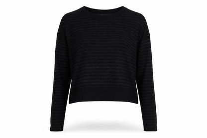Front view of Mac & Jac women’s black striped basic t-shirt, size M
