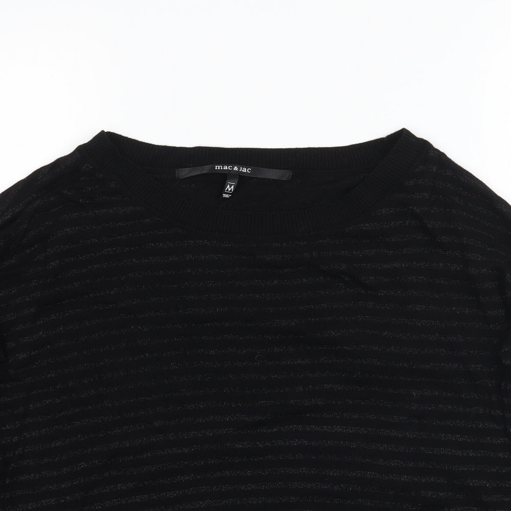 Close-up detail of Mac & Jac women’s black striped basic t-shirt, size M