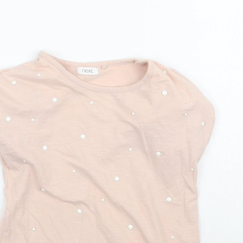 Close-up detail of Next girls’ pink basic t-shirt, size 5, years